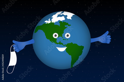 Planet Earth take off medical mask. Pandemic ending. Vector illustration.