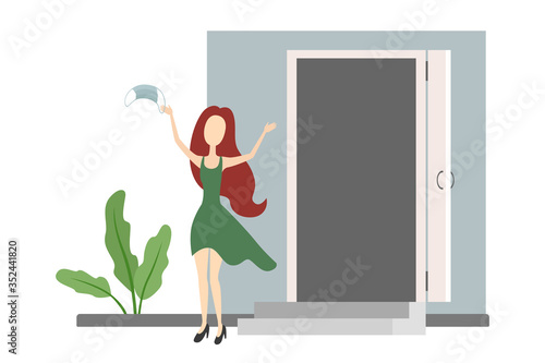 Caucasian woman rejoice and take off medical mask. Quarantine ending. Vector illustration.