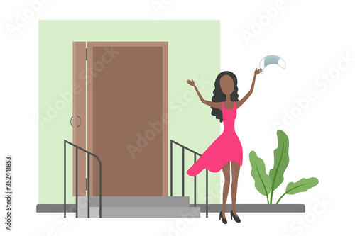 African-American woman rejoice and take off medical mask. Quarantine cancellation. Vector illustration.