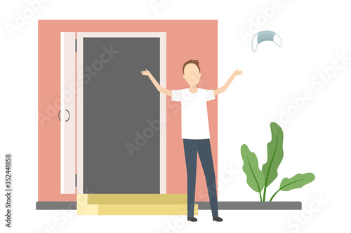Caucasian man rejoice and take off medical mask. Self-isolation ending. Vector illustration.