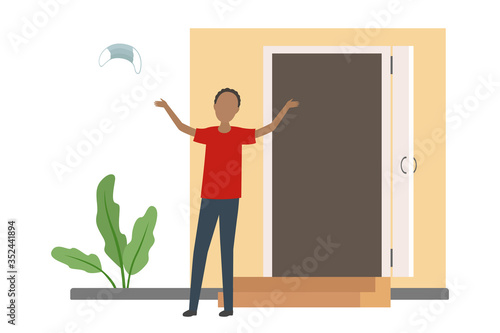 African-American man rejoice and take off medical mask. Lockdown ending. Vector illustration.