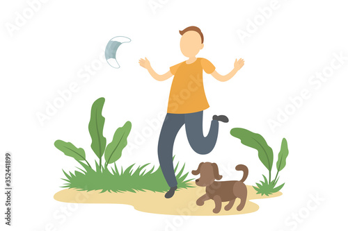 Caucasian man stroll outdoors and take off medical mask. Lockdown ending. Vector illustration.
