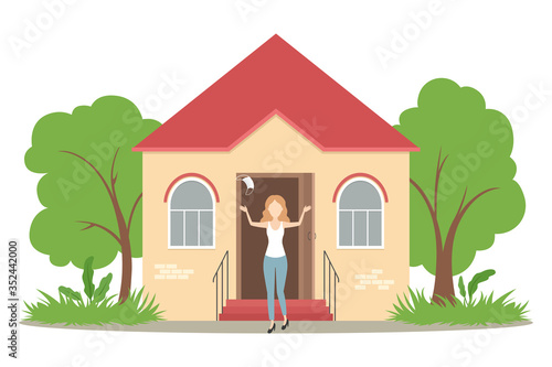 Caucasian woman rejoice and take off medical mask. Self-isolation ending. Vector illustration.