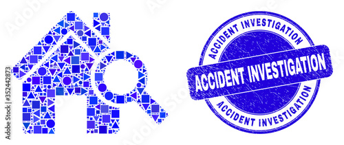 Geometric explore realty mosaic icon and Accident Investigation seal stamp. Blue vector round grunge stamp with Accident Investigation message. Abstract mosaic of explore realty organized of round,