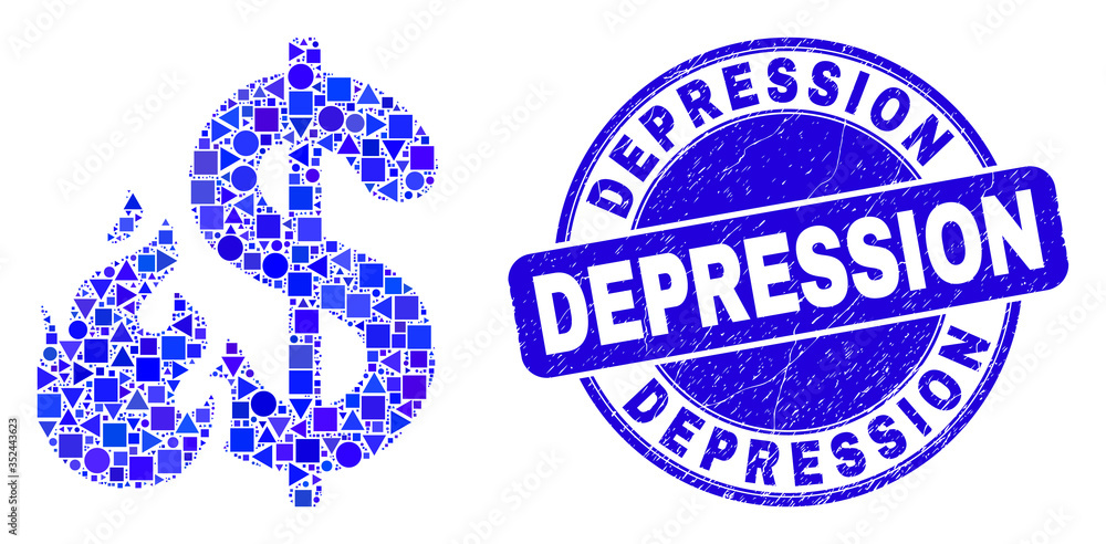 Geometric dollar fire mosaic icon and Depression seal stamp. Blue vector round distress seal stamp with Depression caption. Abstract mosaic of dollar fire combined of circle, triangles, Geometric dollar fire mosaic icon and Depression seal stamp. Blue vector round distress seal stamp with Depression caption. Abstract mosaic of dollar fire combined of circle, triangles,