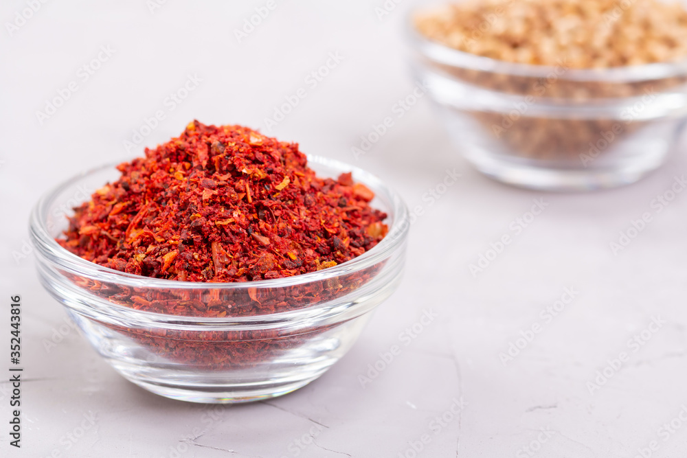Moroccan spice Harissa and coriander in a glass plates Moroccan spice Harissa and coriander in a glass plates