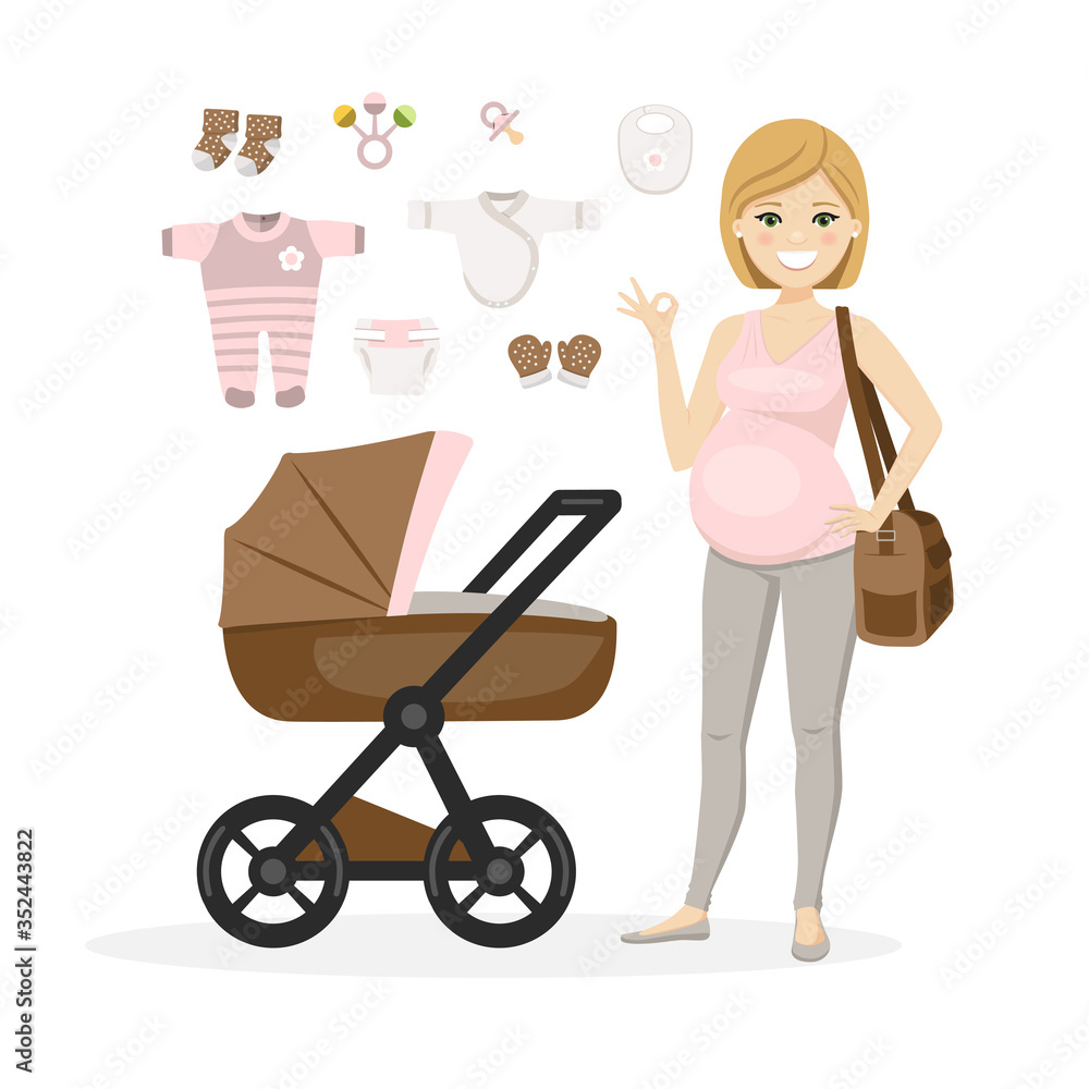 Pregnant woman and baby girl care items. Vector illustration Pregnant woman and baby girl care items. Vector illustration