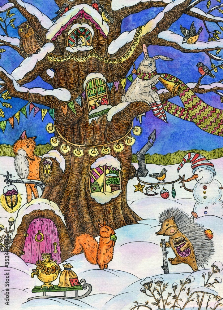 Hedgehog, squirrel, fox and hare in the winter forest. Bright watercolor and ink illustration. Cute illustration for the decor and design of posters, postcards, prints, stickers, invitations, textiles