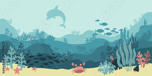 background underwater world, sea ocean, fish animals, algae and coral reefs, vector illustration