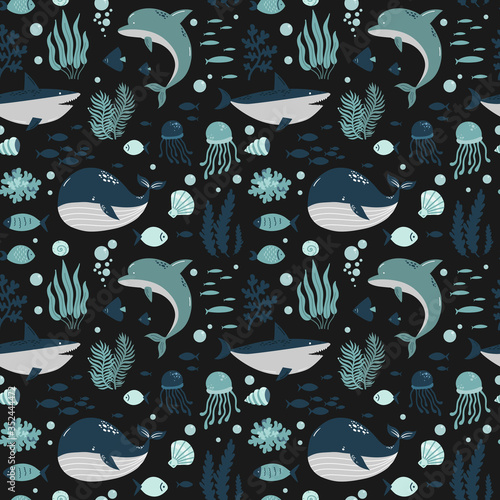 cute animals of the ocean, marine mammals, dolphin and whale, seamless pattern, cartoon vector illustration