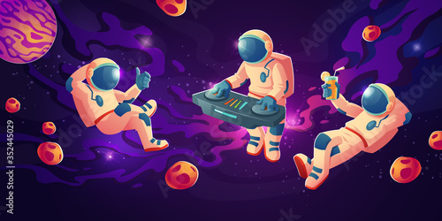 Astronaut dj with turntable in open space. Vector cartoon illustration with spaceman mixing techno music, showing thumb up and with drink on cosmos background. Galaxy design for poster or flyer
