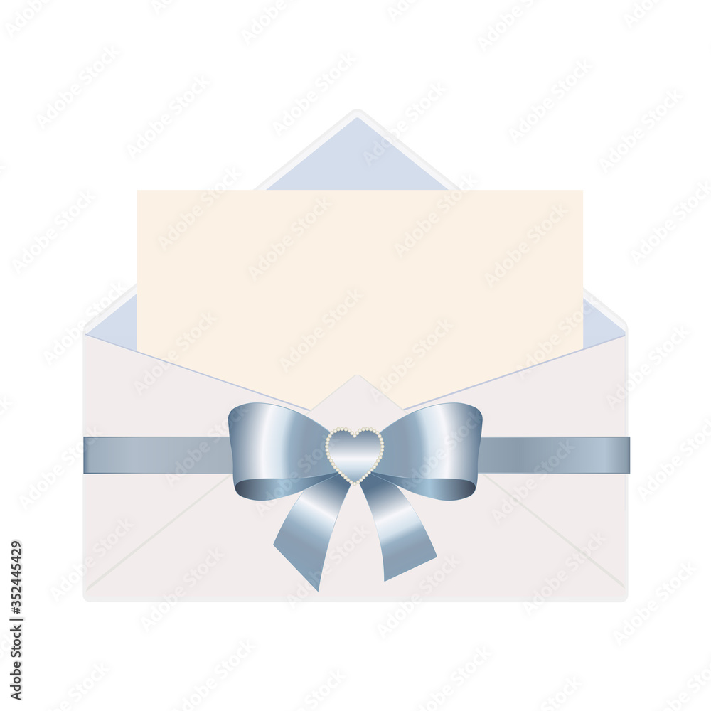Letter in an envelope decorated with Shiny Satin Blue Gift Bow. Envelope with Clean Card. Letter in an envelope decorated with Shiny Satin Blue Gift Bow. Envelope with Clean Card.