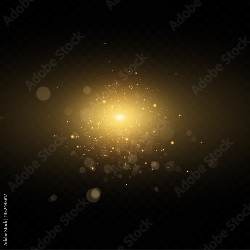 Glow light effect.  Vector sparkles on a transparent background. Christmas light effect. Sparkling magical dust particles.The dust sparks and golden stars shine with special light.