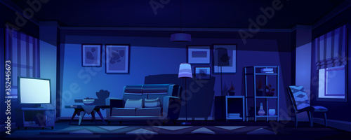 Living room interior in boho style with glowing tv screen at night. Vector cartoon illustration of bohemian lounge with sofa, coffee table, armchair and plants on shelves. Watch movie in dark room