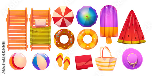 Swimming pool set with deck chairs, umbrellas, inflatable rubber rings and rafts. Vector cartoon accessories for summer rest, hat, bag, flip flops sandals, beach balls and towel isolated on white