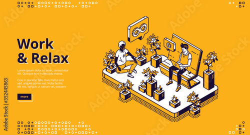 Work and relax isometric landing page, business people working on laptop sitting on bench in park and meditating in lotus posture among plants. Yoga relaxation in office, 3d vector line art web banner