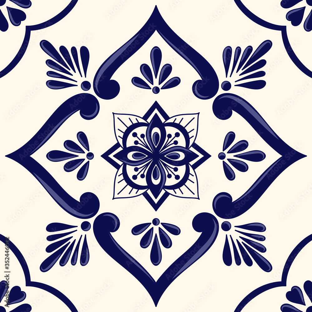 Mexican tile pattern vector seamless with ceramic floral ornament.  Portuguese azulejos, puebla talavera, italian sicily or spanish majolica.  Mosaic texture for kitchen wall or bathroom floor. Stock Vector | Adobe  Stock