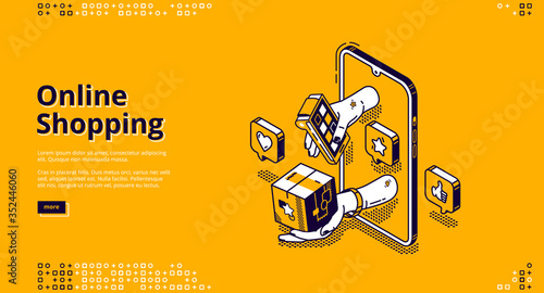 Online shopping banner. Mobile payment and delivery service concept. Vector landing page of ecommerce business with isometric smartphone and hand holding pos terminal and box