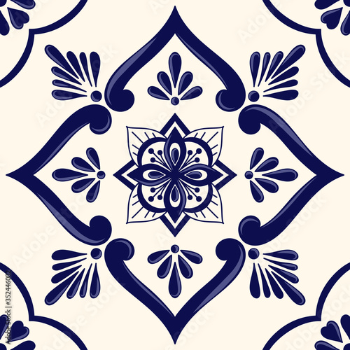 Mexican tile pattern vector seamless with ceramic floral ornament. Portuguese azulejos, puebla talavera, italian sicily or spanish majolica. Mosaic texture for kitchen wall or bathroom floor. photo