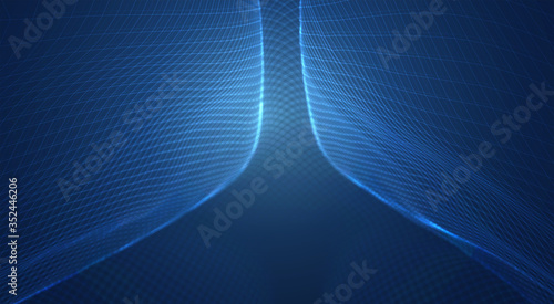 vector blue background of 3d polygonal mesh, bends, waves and flows