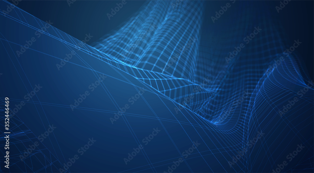 vector blue background of 3d polygonal mesh, bends, waves and flows