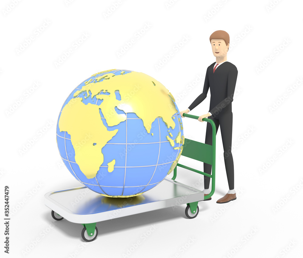 Businessman holds a bogie truck with the Globe. White background. 3D illustration Businessman holds a bogie truck with the Globe. White background. 3D illustration