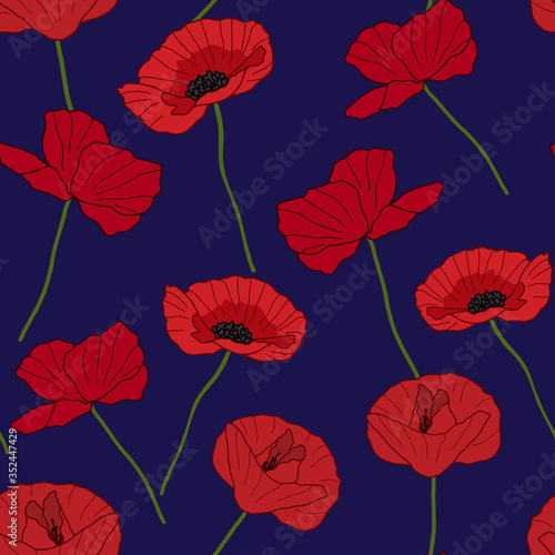 Poppies seamless pattern on dark blue background