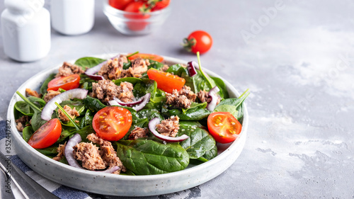 Delicious tuna salad with tomatoes, red onion and spinach. Healthy and diet food concept. Copy space