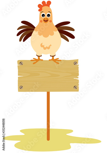 Funny hen on top of wooden signboard
