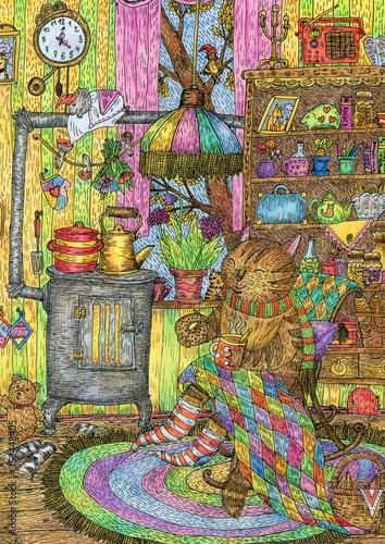 Cat in a cozy house. Fairytale illustration with colored pencils and ink. Cute illustration for the decor and design of posters, postcards, prints, stickers, invitations, textiles and stationery.