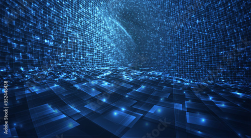 vector blue stream of luminous particles and crystals, virtual data