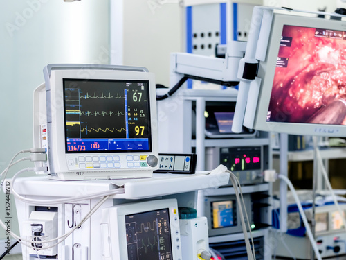 Monitoring the patient vital functions during surgery. High-tech medical equipment. Indicators of the state of the body.