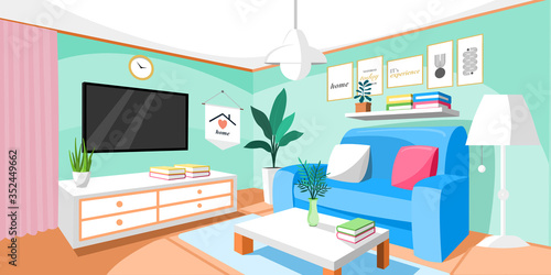 Living room interior vector. Design of a cozy room with sofa, window and decor accessories. Vector illustration about interior