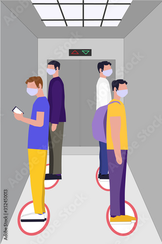 Keep safe distance. Social distancing in an elevator. Man in medecine mask are maintain social distance in lift and elevator for prevention of covid 19 virus. Coronaviruses pandemic, quarantine
