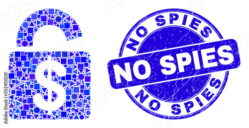 Geometric bank lock mosaic pictogram and No Spies seal. Blue vector round textured seal with No Spies message. Abstract mosaic of bank lock organized of circle, triangles, square geometric spots.