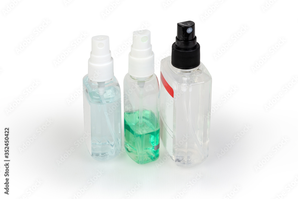 Small plastic bottles of various antiseptics in the form sprays