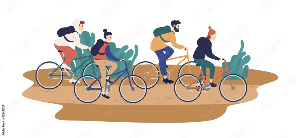 Group of smiling young friends riding bicycles together vector flat illustration. Colorful man and woman during touristic bike trip isolated on white background. People enjoying outdoors activity - obrazy, fototapety, plakaty 