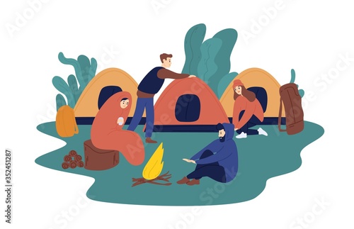 Man and woman travelling together resting at summer camp vector flat illustration. Group of tourist people relaxing near campfire isolated on white background. Colorful travel person at camping tent
