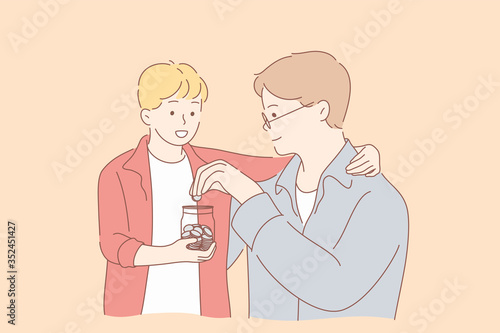 Fatherhood, childhood, money, help concept. Cartoon characters young man father helps child kid son giving investing coins to jar. Pocket money accumulation parent providing for children, fathers day.