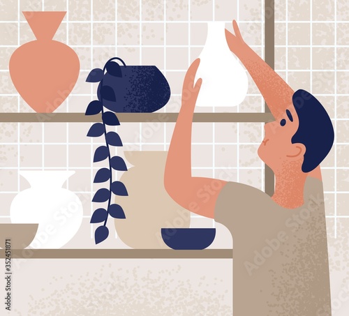 Male working at ceramic studio putting crockery on shelf vector flat illustration. Ceramist assistant holding craft pot at pottery workshop. Storage earthenware and handmade clayware on shelves