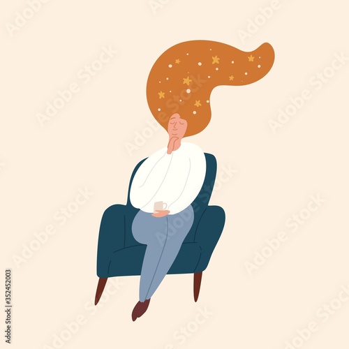 Relaxed girl with starry sky in red hair sitting with closed eyes vector flat illustration. Dreaming domestic woman resting in armchair with cup of hot beverage isolated on white background
