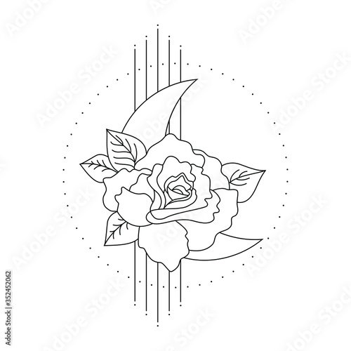 Hand drawn rose - circle with flowers and leaves. Floral design good for tattoo, invitations, greeting cards, textiles, blogs, posters. Vector illustration