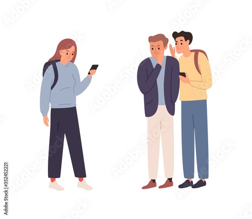 Two angry student guy spreading rumors and gossiping about girl classmate vector flat illustration. Female holding mobile feeling cyberbullying isolated on white. School bullying and harassment