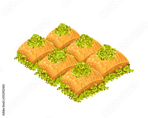 Baklava, turkish sweet dessert, vector illustration cartoon icon isolated on white.