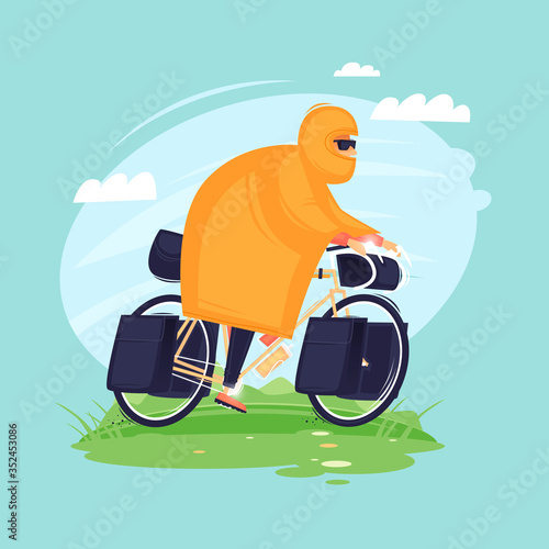 Bikepacking. Man rides in a raincoat on a bicycle, traveling by bicycle. Flat design vector illustration.