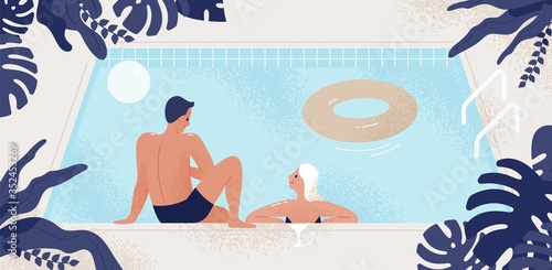 Happy couple having friendly conversation at swimming pool vector flat illustration. Smiling man and woman enjoying romantic date outdoor. Joyful people in swimsuit having open-air leisure