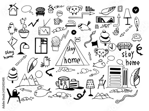 set of black and white image elements stay home