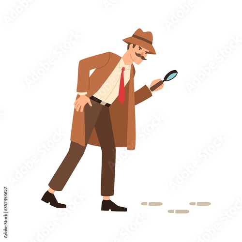 Private detective going on trace look through magnifying glass vector flat illustration. Inspector in coat, hat and mustache hold magnifier watch on mystery footprint isolated on white background