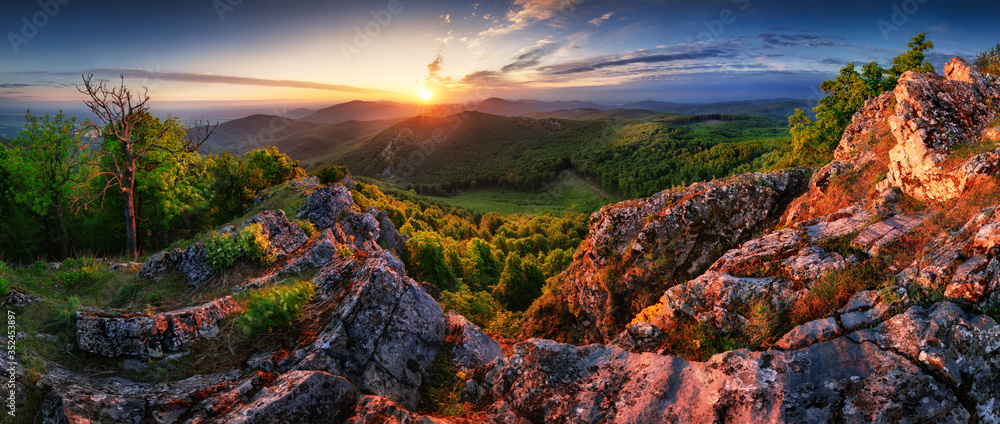 Slovakia - Vysoka hill, dramatic sunrise mountain nature panorama with rocks and forest - obrazy, fototapety, plakaty 