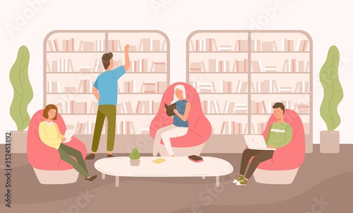 People sit on comfy armchairs with book, tablet and laptop vector flat illustration. Man and woman reading and working at public library isolated on white background. Shelves and racks with books